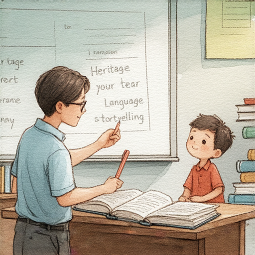 外籍老師一對一教授英文，展示學生與老師互動的場景，強調傳承及傳播的故事，激勵學習者開啟語言之旅，探索語言的奧秘。