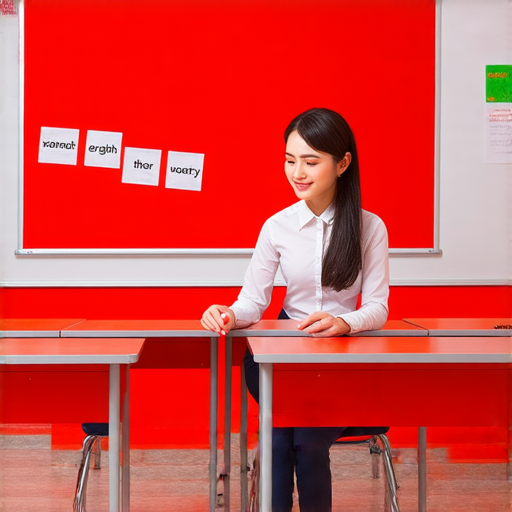 探索紅色魅力的教學畫面，外籍老師一對一指導，學生學習相關英文單詞，提升流利表達能力，營造互動學習環境。