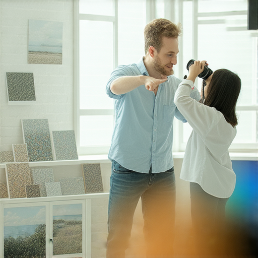 揭示攝影藝術與攝取技巧的教學場景，外籍英文老師與學生一對一互動，激發創作靈感，探索攝影世界，開啟獨特的藝術旅程。