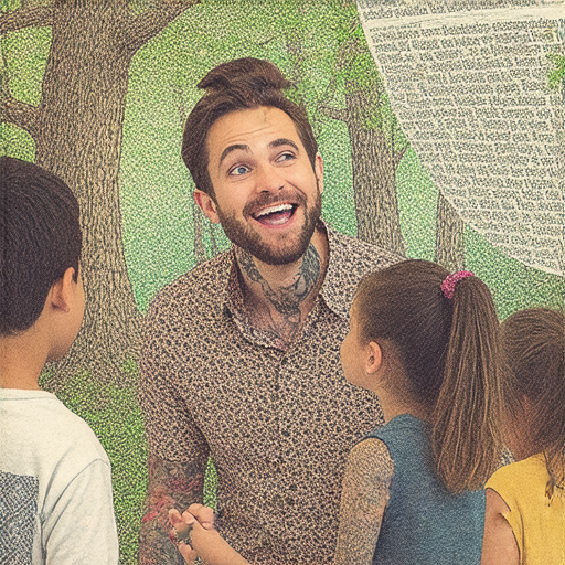 外籍英文老師帶領學生探索納尼亞傳奇與紋身文化的奧秘，圖片中展現老師與學生互動的情景，背景有納尼亞元素和紋身圖案，象徵深入故事的學習體驗。