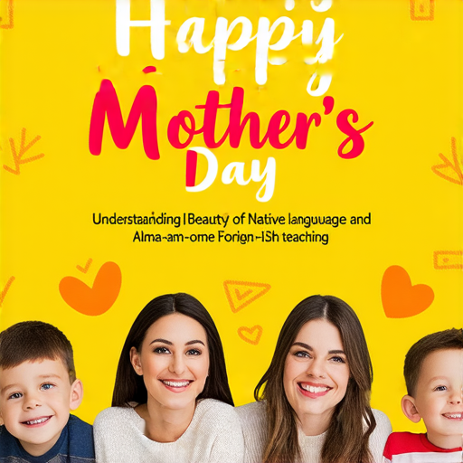 母親節快樂的海報，介紹母語與母校的英語魅力，展示一對一外籍英文教學的圖片，強調學習與交流，背景色彩明亮，展現歡樂氛圍。