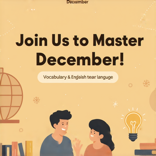 外籍老師一對一教學課程宣傳圖，主題為學習12月的英文，背景帶有學習元素，突出輕鬆掌握語言的概念，吸引學生報名參加。