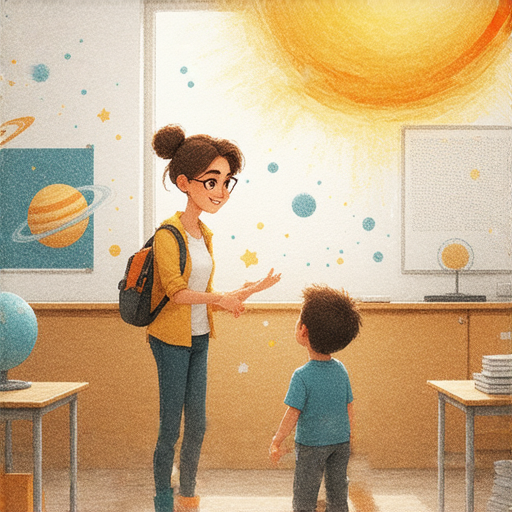 探索太陽的秘密的圖片，外籍英文老師與學生一對一互動，學習太陽系與生活英文知識，展示生動教學場景，適合熱愛科學的學習者。