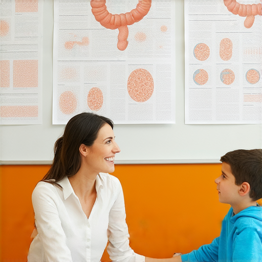 一位外籍老師正與學生一對一互動，背景展示結腸炎的相關圖表，強調提升英文能力的重要性，解密結論與結腸炎的知識。