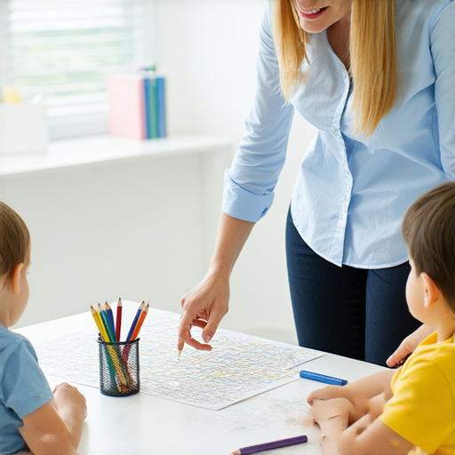 專業外籍老師一對一教學場景，學生與老師互動，畫面中充滿五彩斑斕的教學工具，展現學習形狀與形象，提升自信的英語溝通能力。