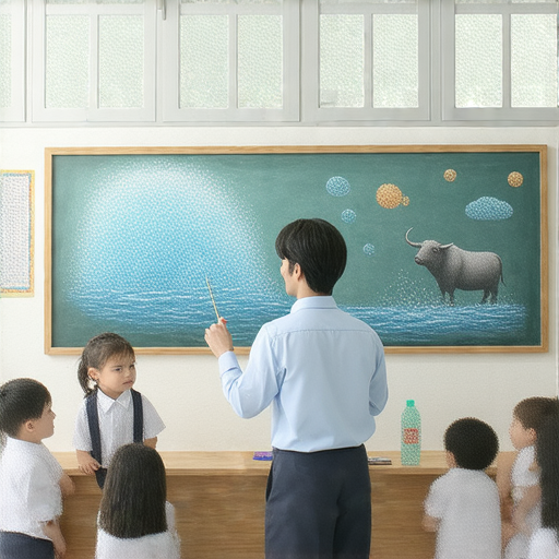 一位外籍老師正在指導學生學習驚奇英文，包括水滴、水煙和水牛等主題，展現互動式教學，提升學習趣味和效果，讓學習英文變得更有趣。