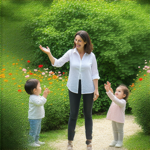 外籍英文老師與幼稚園孩子們一起探索綠意之美，學習綠化和綠茶的秘密，背景是美麗的花園和綠色植物，孩子們充滿好奇心和歡笑。