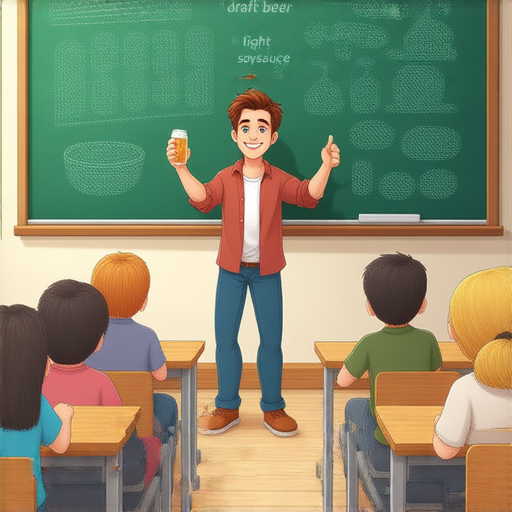 外籍老師在教室中講解「生啤」與「生抽」的英文詞彙，幫助學生輕鬆掌握不同食材的英語用法，生動有趣的教學場景，增進語言學習的興趣和理解。