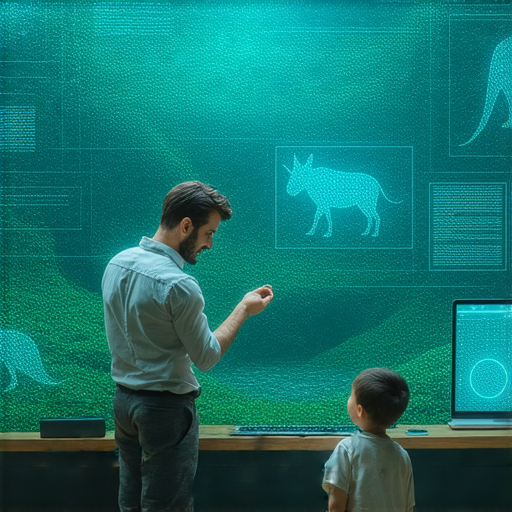 一對一外籍英文老師正在教授學生關於絕版與絕種生物的知識，背景顯示現代科技與生物的關聯，展現探索奧秘的學習氛圍。