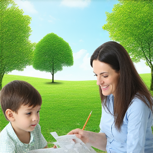 圖片展示一位外籍老師與學生一對一的英語教學場景，強調保護環境主題，學生專注學習，背景展示自然風景，傳遞提升英語能力的理念，鼓勵學習英語以支持環保。