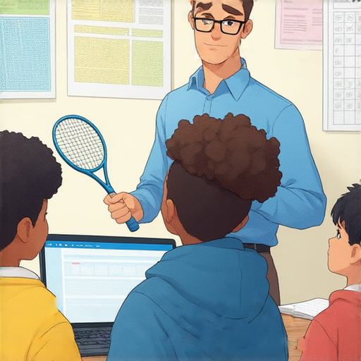 一名外籍老師正在教學生網球術語與網絡安全，學生在專注學習，課堂環境活潑生動，英文能力快速提升，推廣一對一外籍英文教學。