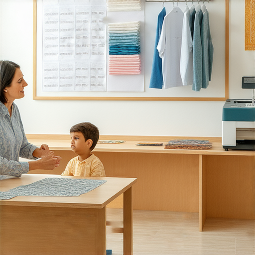 外籍老師一對一教學場景，學生專注學習英文，桌上有服裝展示與CNC設備，激發語言能力提升，探索英文世界的機會，強調實用性和互動性。