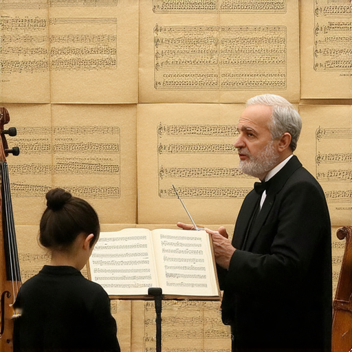 外籍老師一對一教學，學生沉浸在古典音樂中，樂器環繞，探索古韻之美，背景展示古典樂譜及音樂創作工具，揭開古典音樂的神秘面貌。