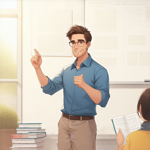 一名外籍英文教師與學生進行一對一教學，專注於編排與編輯技巧，營造互動學習環境，掌握專業英文技能，提升語言表達能力。