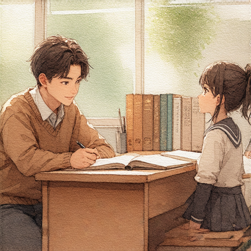 一位外籍老師與學生進行一對一的英文教學，桌上擺放著英文文獻和文物，學習環境輕鬆愉快，展現掌握英文的氛圍，激發學生學習興趣。