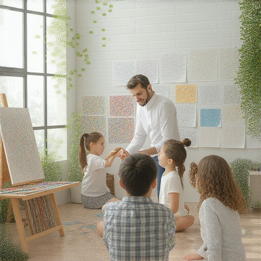 探索繪圖師的世界的圖片，展示外籍老師與學生互動進修英文的場景，啟發創意之旅，充滿藝術氛圍，學習與創作相結合，提升繪畫技巧和語言能力。