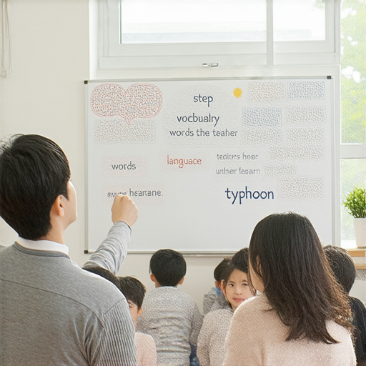 探索英語奧秘的圖片，展示學生與外籍老師一對一互動，學習英語詞彙如台階和台風，輕鬆愉快的教學環境，促進語言學習和文化交流。