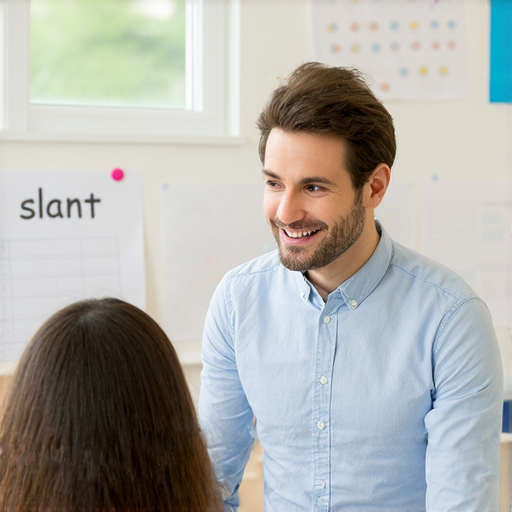 一位外籍英文老師與學生一對一互動，教授關於「斜」的相關詞彙，學生專心聆聽，教室環境明亮，學習氣氛輕鬆，展現掌握「斜」的秘密的過程。