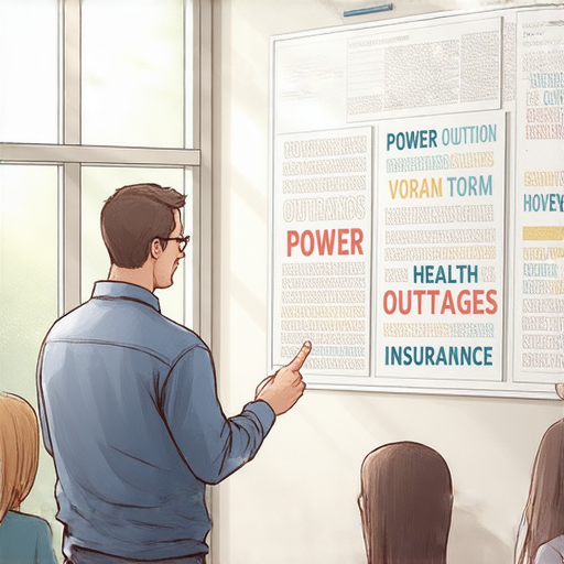停電通知英語教學圖片，展示停電、健保等專業詞彙，外籍老師指導學習者輕鬆掌握相關英文表達，提升英語能力與實用性。