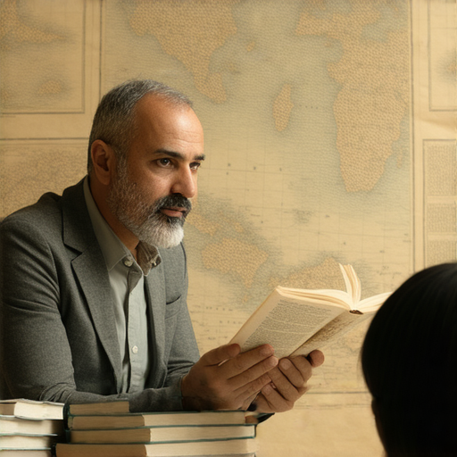 發掘孫子兵法背後智慧的外籍英文老師，進行一對一教學場景，學生專注聆聽，背景有戰略圖與書籍，展示學習和交流的重要性，提升英語能力與戰略思維。