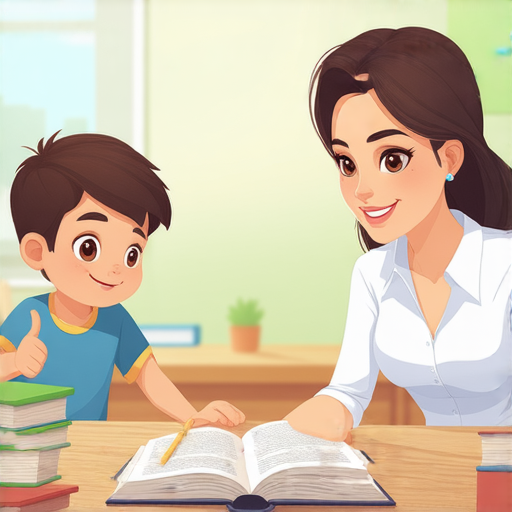 一位外籍老師與學生進行一對一英文學習，專注於英文同義詞的教學，提升學生的英文能力，環境輕鬆愉快，書籍與紙筆散落在桌面上。