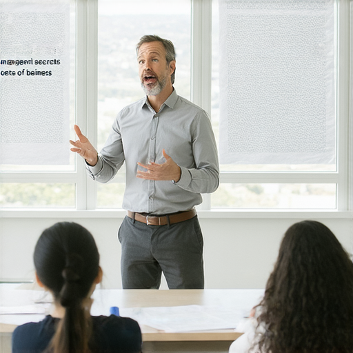 外籍英文老師在教室中與學生交流，分享商界精英的成功秘訣，幫助學員探索總經理的秘密，提升商業技能與職場競爭力。