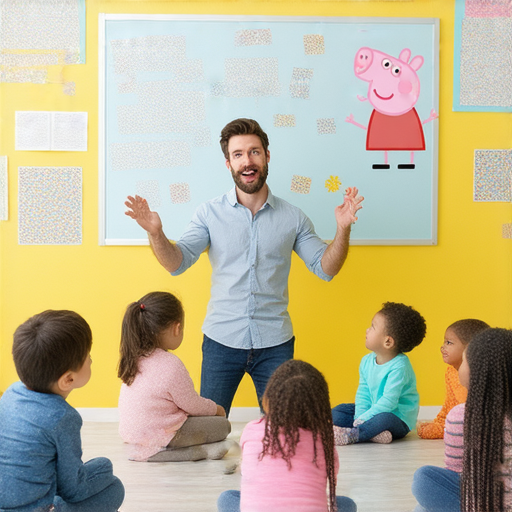 外籍英文老師在教室裡，使用Pants和Peppa Pig等趣味教材，輕鬆激發學生學習英文的興趣，提升語言能力和學習效果。