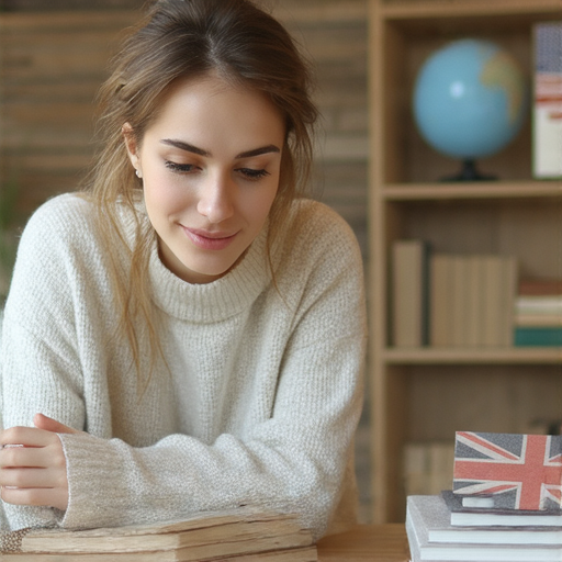 一位外籍老師與學生一對一討論英文魅力，旁邊有筆記本和英文書籍，學生專注聆聽，背景展示異文化交流的學習環境。