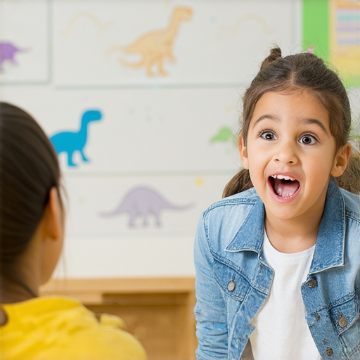 一對一外籍老師與學生互動，探索恐懼與恐龍的英文世界，學生在課堂上積極參與，表情驚異，背景展示恐龍圖片，創造有趣的學習氛圍，提升英語能力。