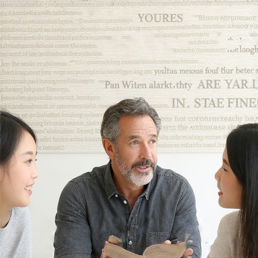 一名外籍英文老師與學生進行一對一的討論，背景展示名人名言，傳遞智慧與啟發，幫助學生深入理解語言和文化的精髓，提升英語學習效果。