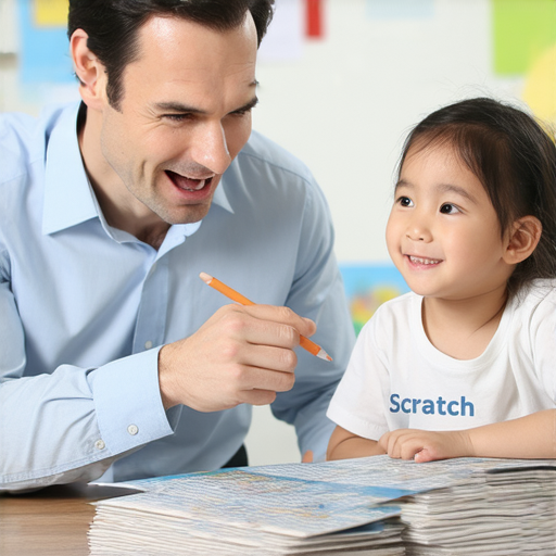 一位外籍老師與學生一對一指導，學生正在學習Scratch到Secure的英文詞彙，背景有教學資料與電腦，展現互動學習的氛圍與探索英文的新方式。