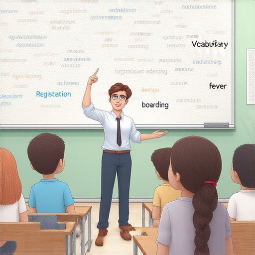 外籍教師指導學生掌握登記、登機及登革熱相關英文詞彙，增進語言能力與健康意識，背景包含教學用具與教材，展現學習互動的氣氛。