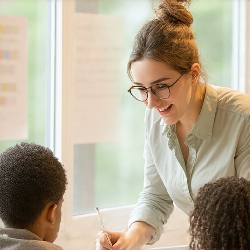 外籍老師一對一教學場景，學生專注學習英文技能，調整行距，提升書寫與閱讀能力，營造愉快的學習環境，彰顯輕鬆提升英文的效果。