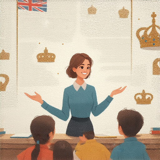 一位外籍老師正在指導學生探索英文奧秘，專注於皇室用語和文化，雙方互動熱烈，背景素材顯示精彩的英國皇室元素，提升學習者的理解與興趣。