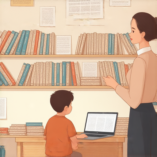 外籍教師在補習班中進行一對一英文教學，學生專心學習，背景展示出各種英文教材，體現了英文的多樣性與翻譯探索的機會。