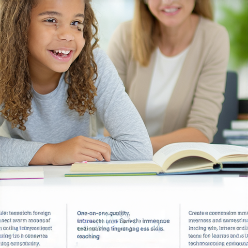 一對一外籍老師課程宣傳圖片，學生與老師互動，展示學習入境英文技巧的信心，強調個別化教學提升語言能力，適合有志於流利通行的學習者。