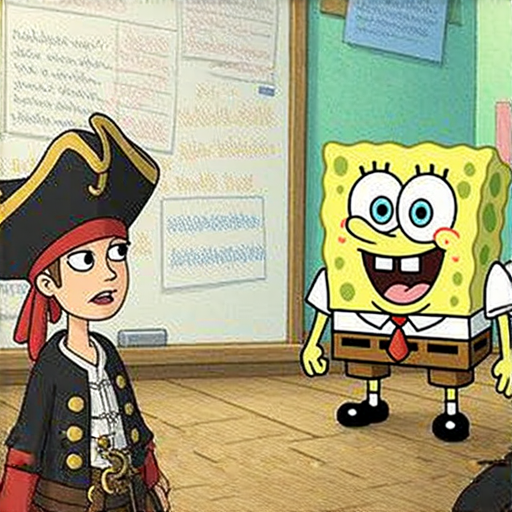 海盜與海綿寶寶在冒險中學習英文，外籍老師與學生一對一互動的畫面，展現生動有趣的學習氛圍，讓學員快速提高英文能力的精彩瞬間。