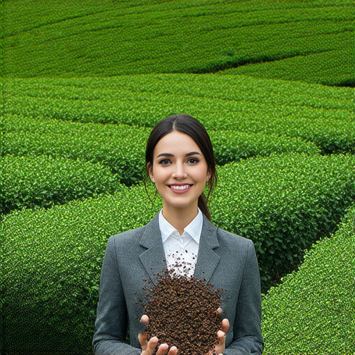 外籍老師介紹普洱茶的魅力，展現茶葉的色澤和質感，背景為茶葉園，帶領觀眾探索普洱茶與普通英語的連結，增進文化交流的氛圍。
