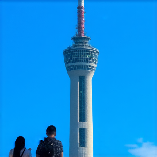 外籍英文老師帶著學生探索晴空塔的壯麗美景，畫面中可見晴空塔的優雅輪廓與底部的遊客，生動呈現享受英語學習與觀光的融合。