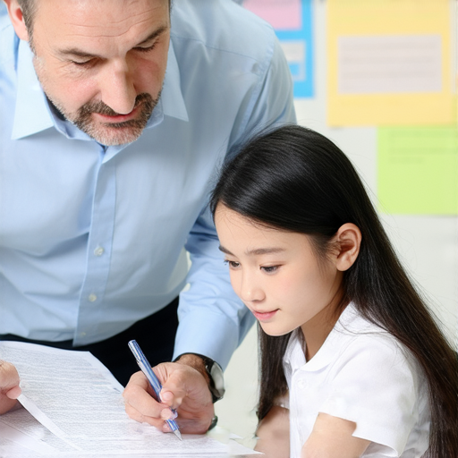 一對一外籍英文老師教學場景，學生專注學習，透過互動方式提升成績，展示學習成效的變化，揭示成績單上的秘密，強調個別輔導的重要性。