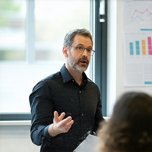 一位外籍英文老師在教室中專注指導學生，強調公司運營秘訣及行政與證明信技巧，背景展示相關學習資料。