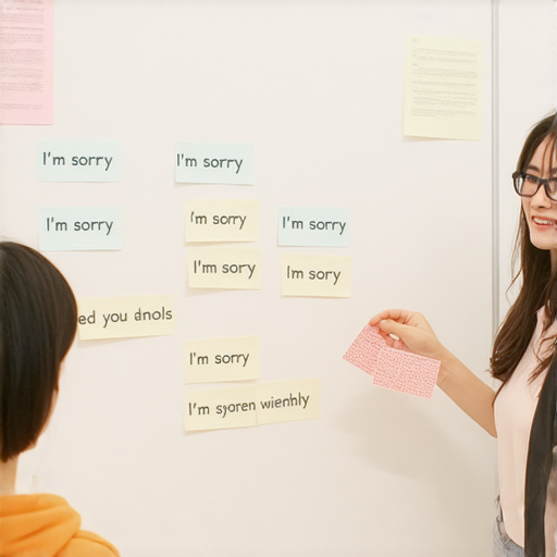 外籍英文老師一對一教學，學會對不起的正確說法，提升英文溝通力，學生專注學習，互動教學場景，增強口語能力，掌握實用英文技巧。