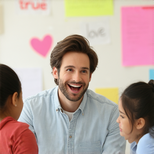 外籍英文老師教學課堂，學生們專注聆聽，探討真愛的英文表達，氛圍輕鬆愉快，學習「真愛你」的正確說法，提升英文口語能力。